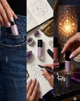 Hand holding a bottle of Stargazer - Clean Nail Polish with a soft lavender shimmer, shown in a jean pocket, next to crystals and constellation sketches, and beside a starry glowing lamp on a dark surface.
