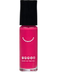 Bottle of Rosy - Clean Nail Polish in bright pink shade with black cap, featuring clean beauty icons and made in the USA text on the front.