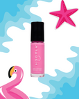 Bottle of Pink Flamingo - Clean Nail Polish in vibrant pink shade, surrounded by playful ocean-themed graphics including a flamingo and a starfish, promoting clean beauty nail polish.