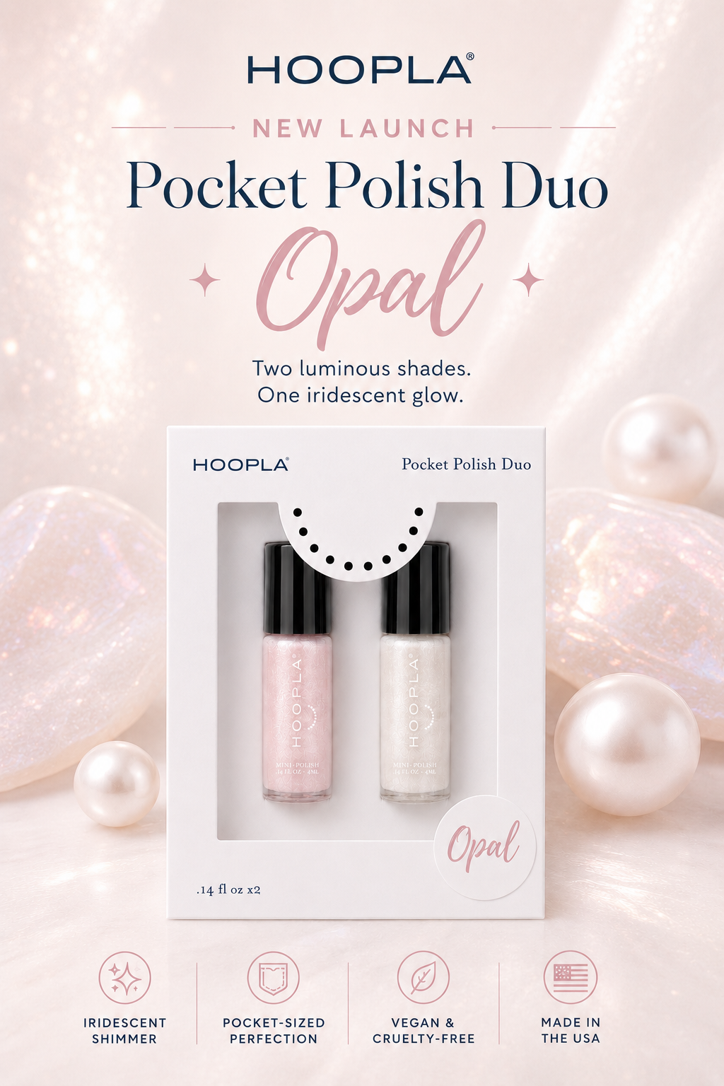 Packaging of two small nail polish bottles in soft pink and pearly white shades labeled as a duo with an iridescent glow, set against a shimmering background with pearl accents.