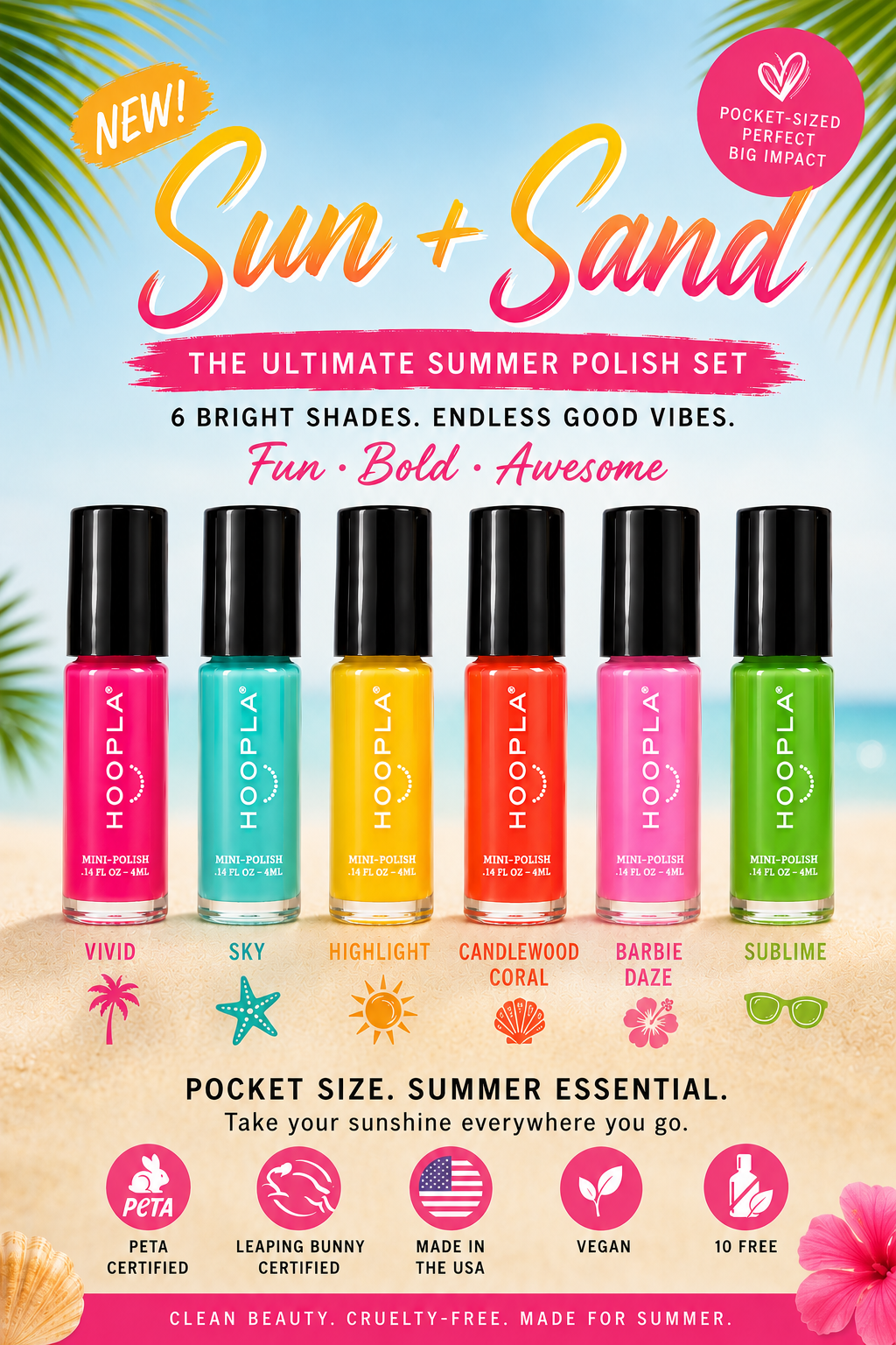 Brightly colored nail polish bottles in pink, turquoise, yellow, coral, light pink, and green shades on a sandy beach background with palm leaves, promoting the Pocket Polish Set - Sun+Sand with six vibrant summer-inspired colors.