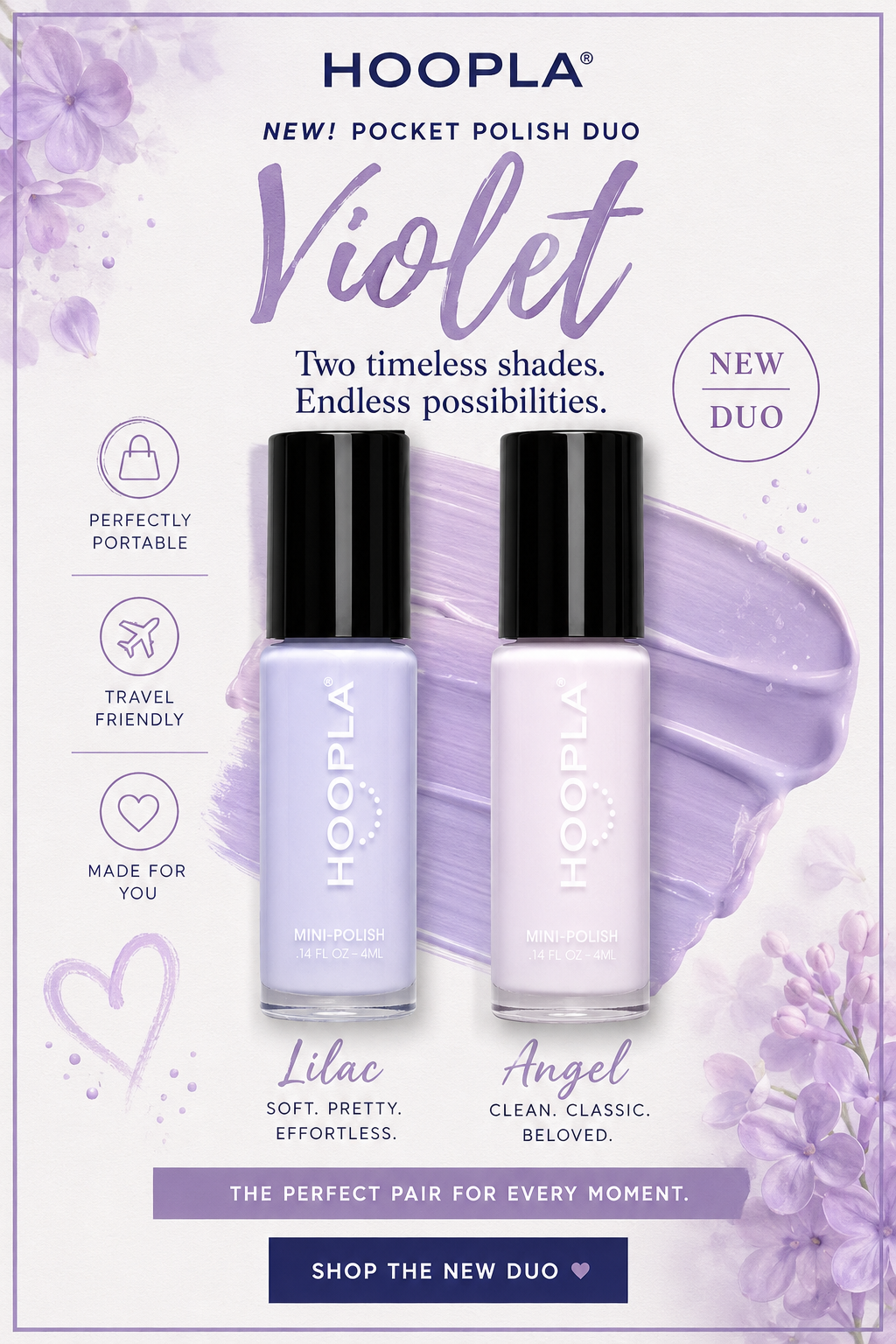 Clean Pocket Nail Polish Duo - Violet featuring two soft lilac shades in portable, travel-friendly mini polish bottles with a clean, classic design for versatile nail looks.