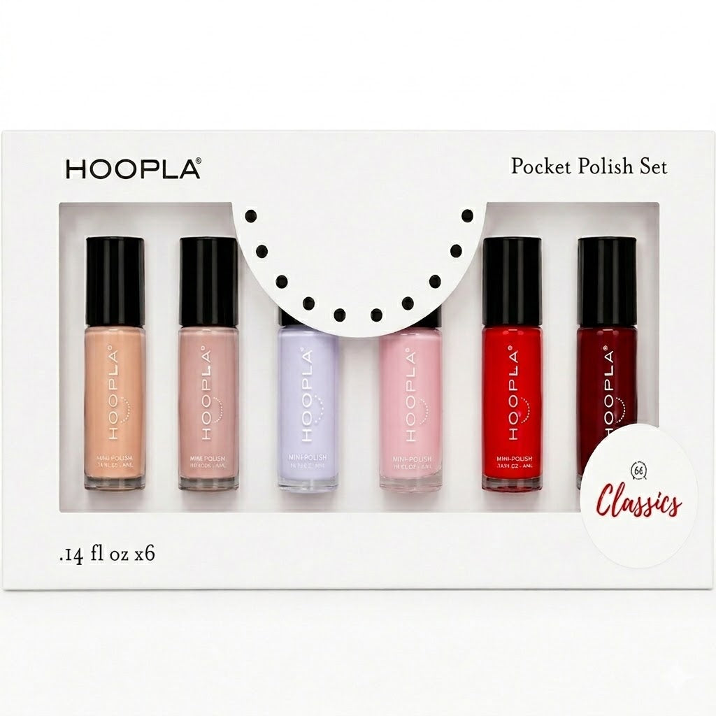 HOOPLA Pocket Polish Set - Classics featuring six small bottles of nail polish in soft pastels and classic red shades, perfect for clean beauty and vegan nail treatments.