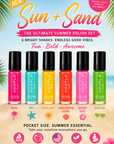 Brightly colored nail polish bottles in pink, turquoise, yellow, coral, light pink, and green shades on a sandy beach background with palm leaves, promoting the Pocket Polish Set - Sun+Sand with six vibrant summer-inspired colors.