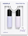 Clean Pocket Nail Polish Duo - Violet featuring two mini bottles of violet-toned nail polish in sleek black-capped packaging, presented in a clean white box with branding.