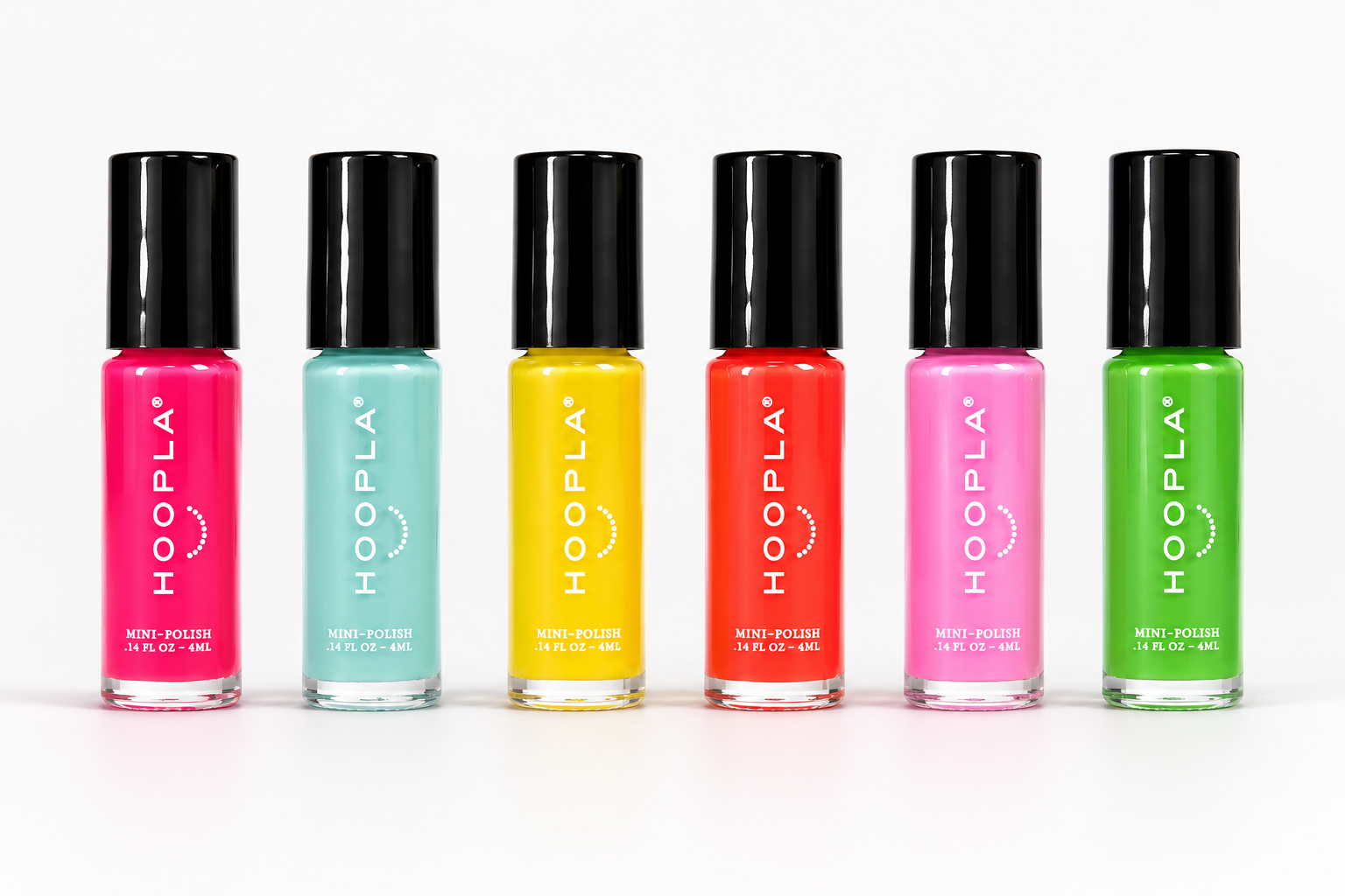 Six vibrant mini nail polish bottles in bright pink, turquoise, yellow, coral, light pink, and green colors, labeled HOOPLA, showcasing the Pocket Polish Set - Sun+Sand for clean, vegan nail treatments.