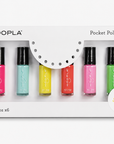 HOOPLA Pocket Polish Set - Sun+Sand featuring six vibrant vegan nail polish bottles in bright pink, turquoise, yellow, coral, light pink, and green shades for clean beauty nail treatments.